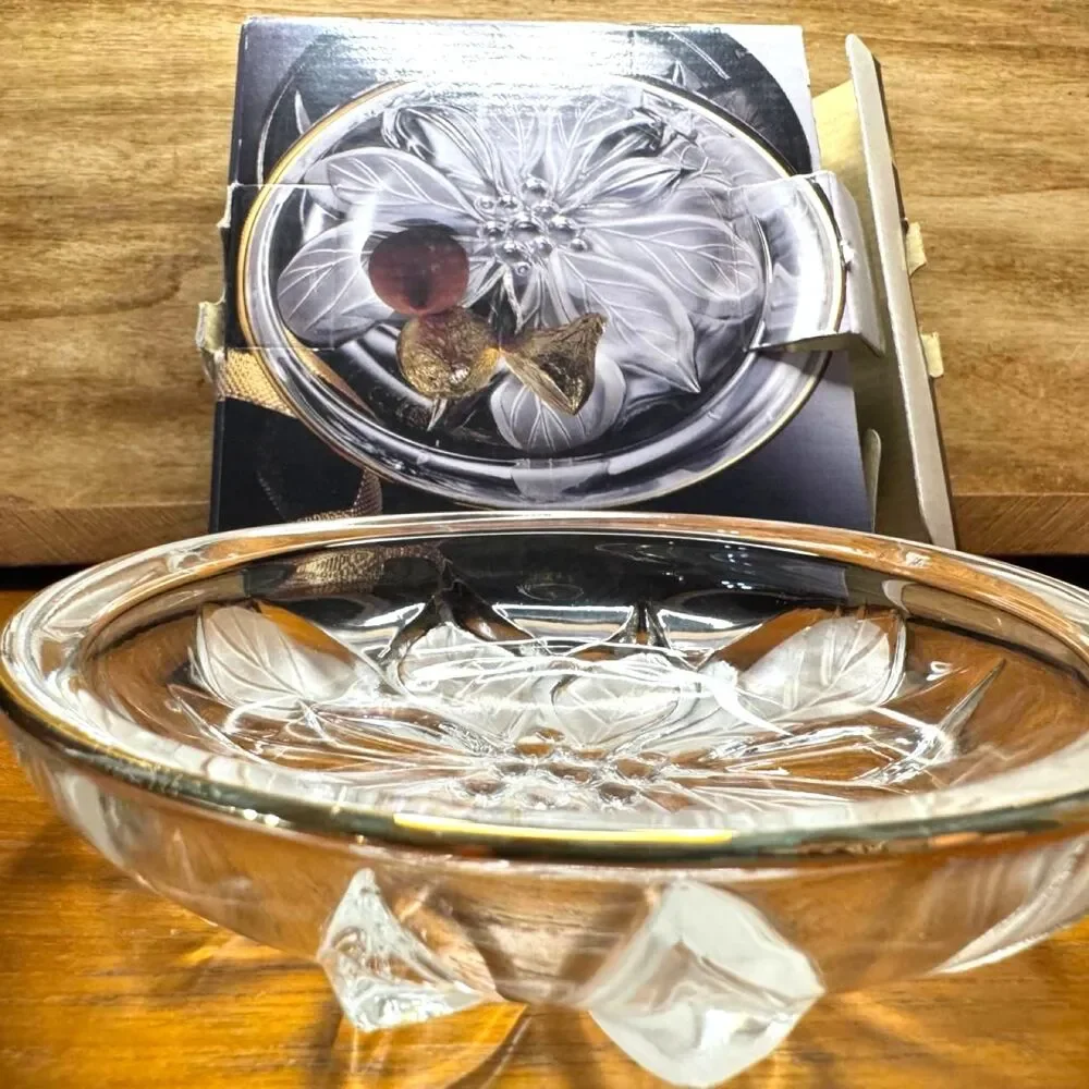NEW Lead Crystal Poinsetta Candy Dish with Gold Trim New in Original Box